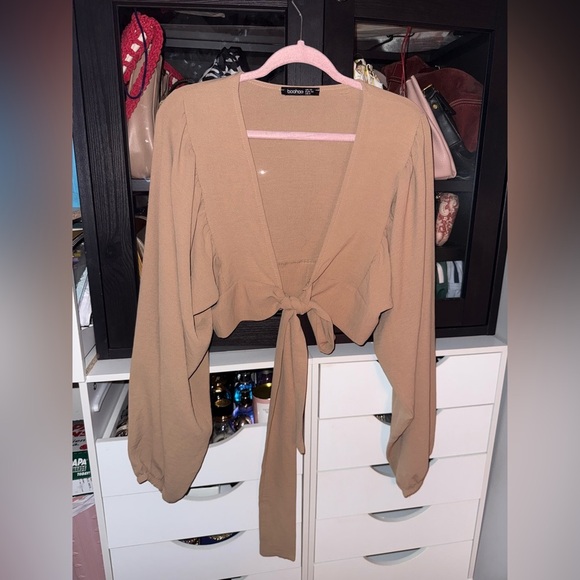 Boohoo Wide Sleeve Front Tie Cropped Sweater - Picture 1 of 6